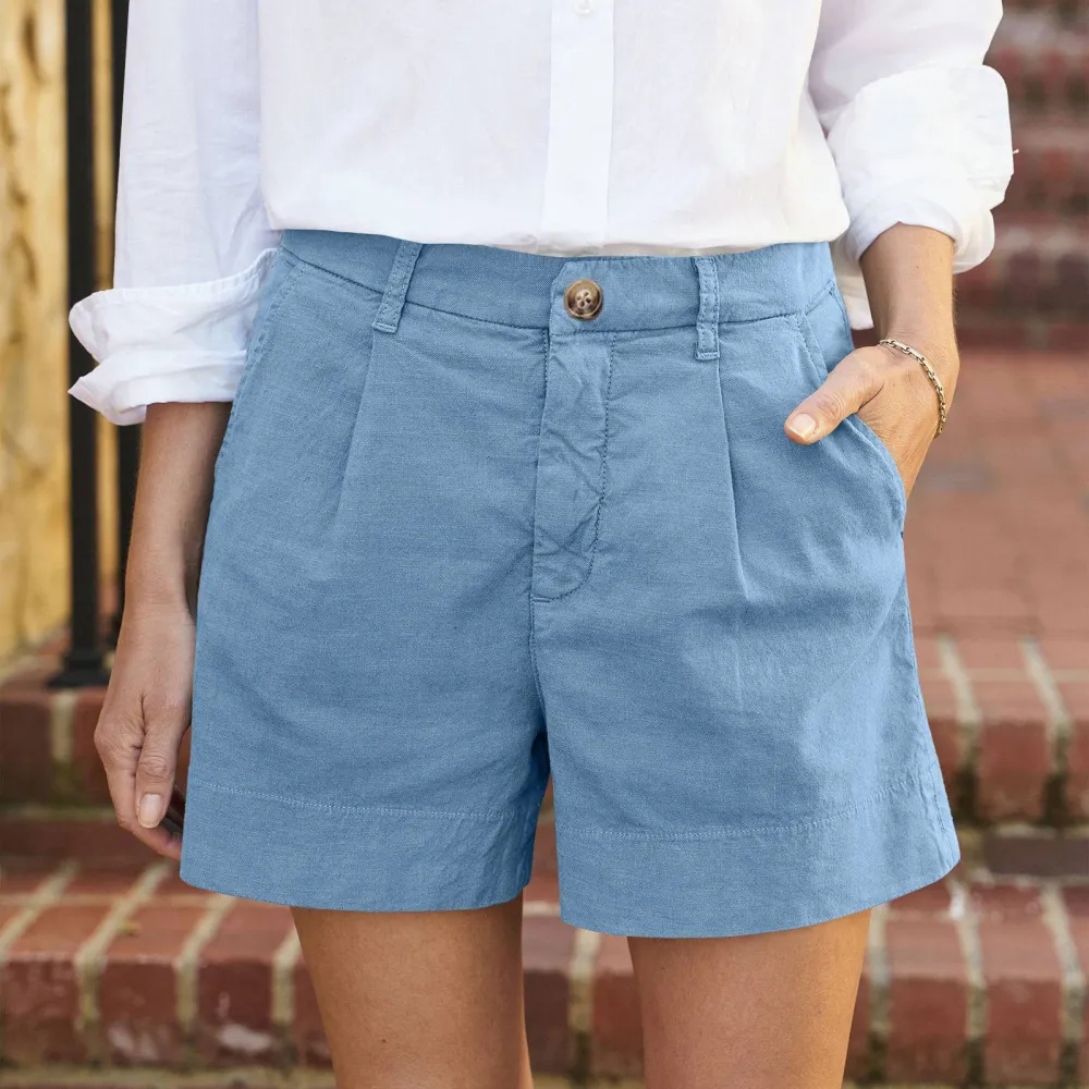 Casual Solid Color Cotton And Linen Button Down Shorts