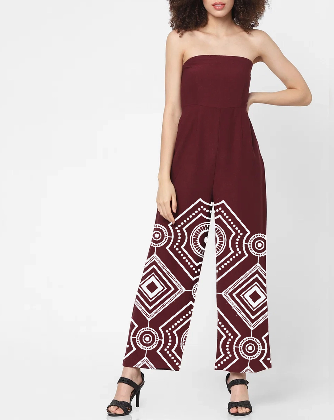 Maroon Strapless Geometric Print Jumpsuit