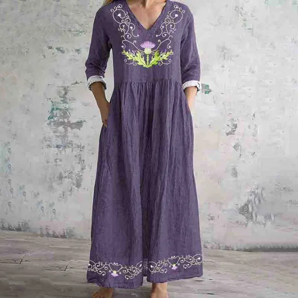 Scottish Thistle Embroidered Linen Blend Midi Dress