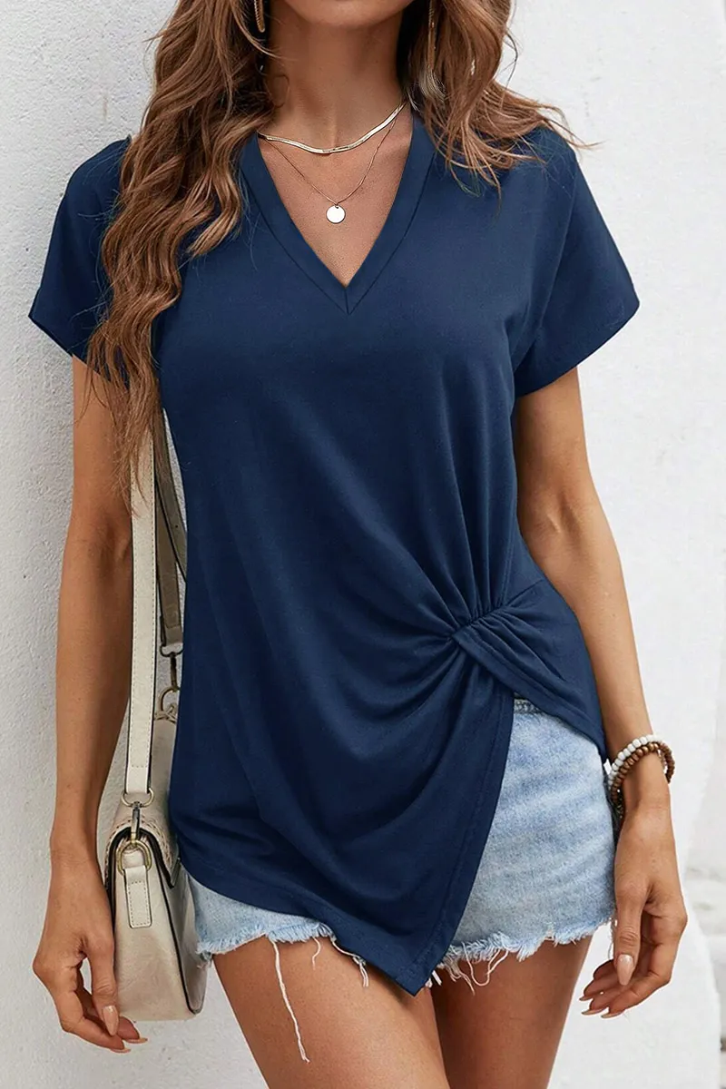 Solid Ruched Split Hem V Neck Short Sleeve T-Shirt