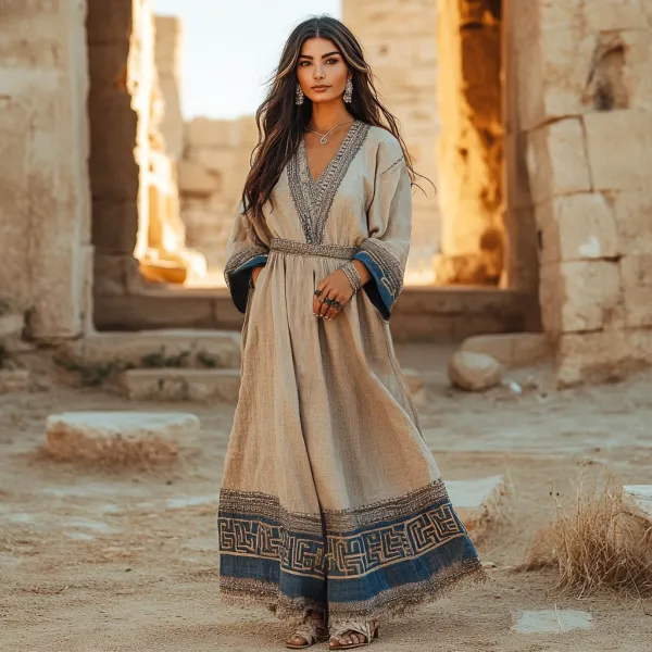 Retro Elegant Greek Key V Neck Linen Blend Maxi Dress