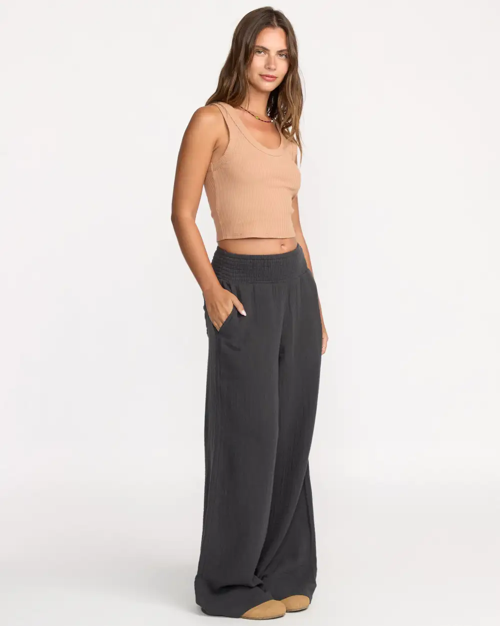 New Waves Gauze Elastic Waist Pants - Black Sands