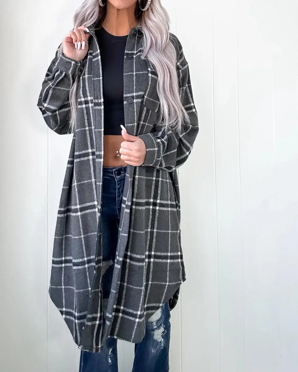 Gray Plaid Duster Shacket