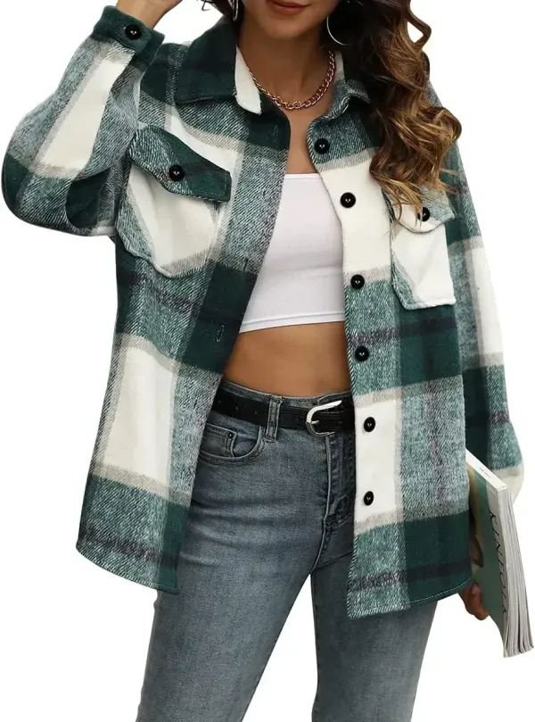 Womens Casual Plaid Shacket Button Down Long Sleeve Shirt