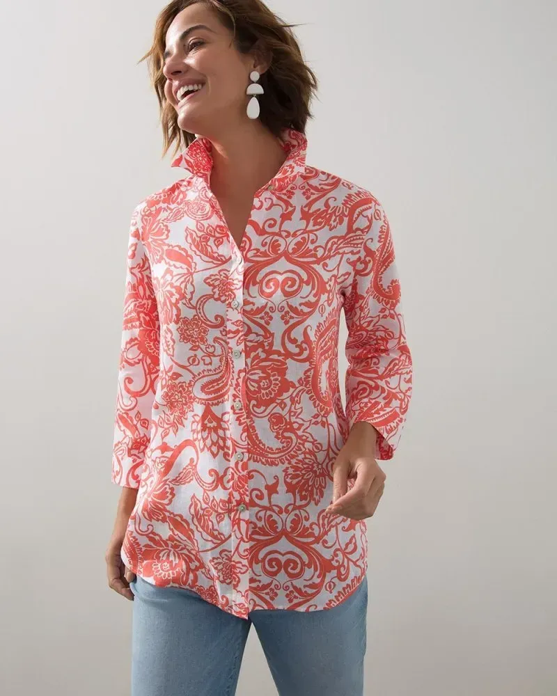 No-Iron Linen Orange Paisley Shirt Orange Blossom