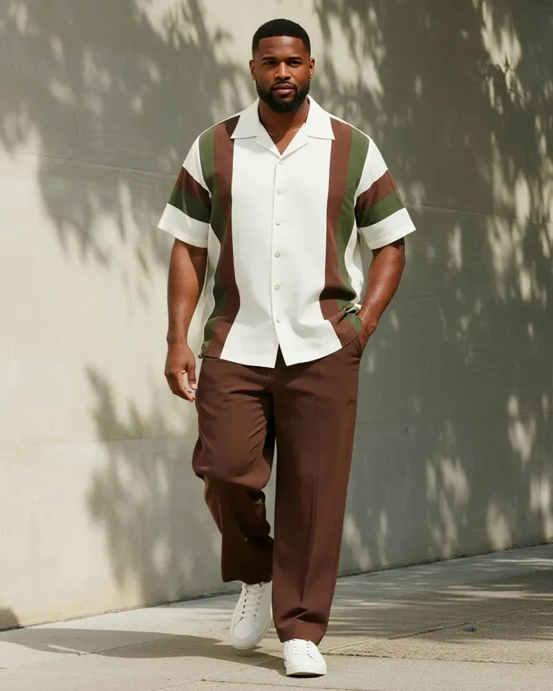 Big & Tall Men's Business Contrast Striped Print Short Sleeve Shirt and Pants Suit