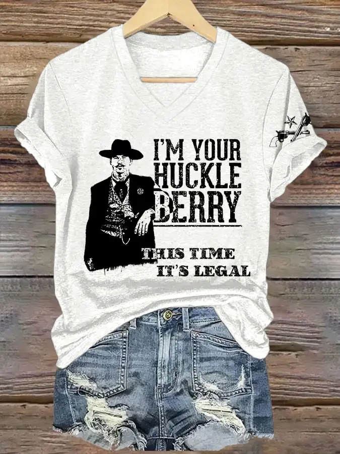 V-Neck Retro I'm Your Huckleberry This Time It's Legal Print T-Shirt