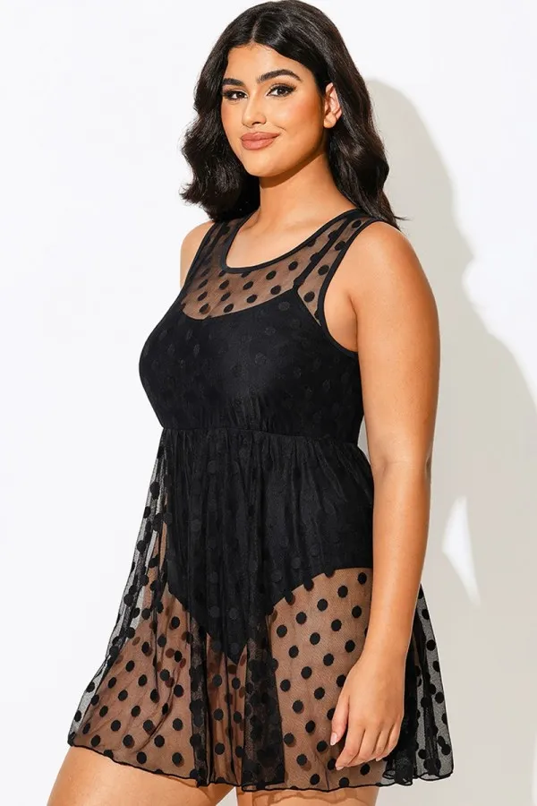 Black Dots Mesh Underwire Hook & Eye Closure One-piece Swimsuit