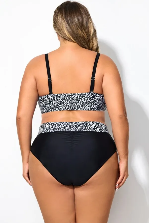 Black＆White Abstract Print Tie Front Underwire Bikini Top