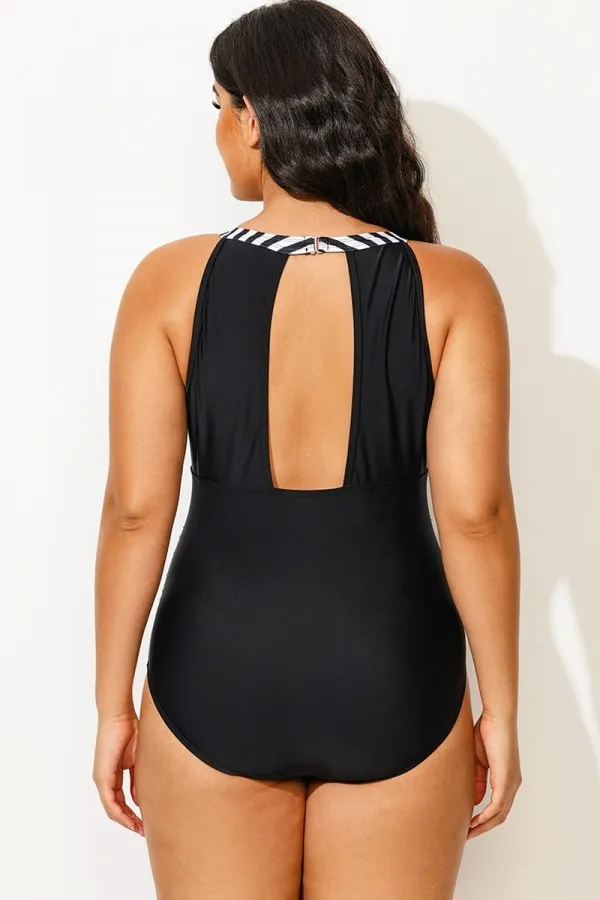 Stripe High Neck Mesh Ruched One Piece Swimsuit