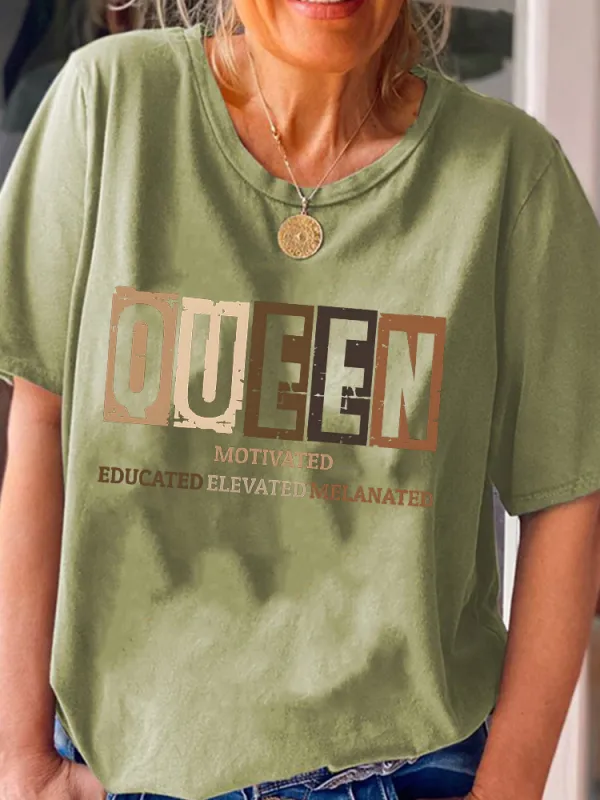 Women'S Queen Motivated Educated Elevated Melanated Round-Neck Short-Sleeved T-Shirt