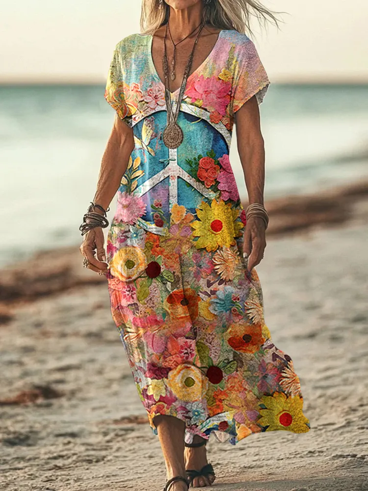 Vintage Hippie Vibe Peace And Love Hippie Floral Painting Art Pattern Linen Blend V-neck Loose Midi Dress