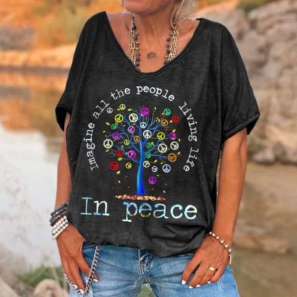 Imagine All The People Living Life In Peace Print Women's T-shirt