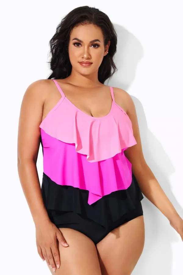 Plus Size Colorblock V-Neck Ruffle Women Tankini Top