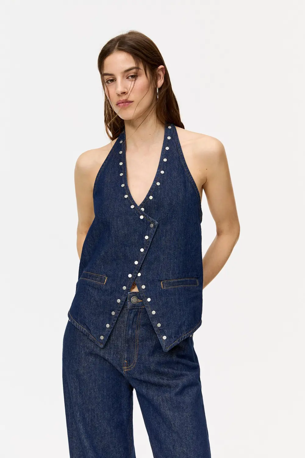 Studded crossover denim vest