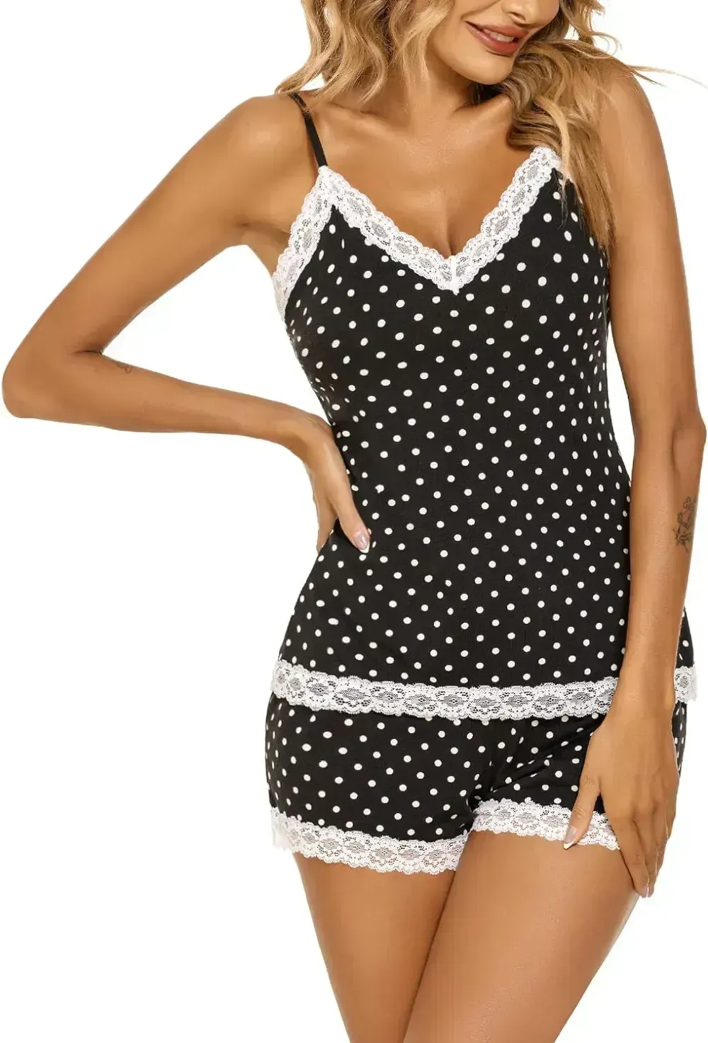 Women Cami Pajama Set Modal Sleepwear Lace Trim Short PJ Set with Shorts