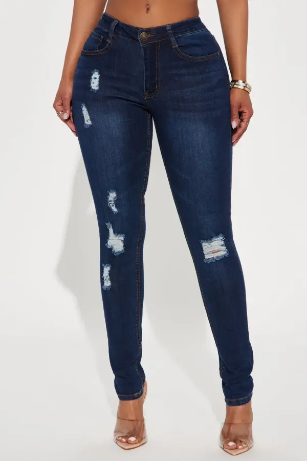 Saturday Nights Ripped Mid Rise Skinny Jeans - Dark Wash