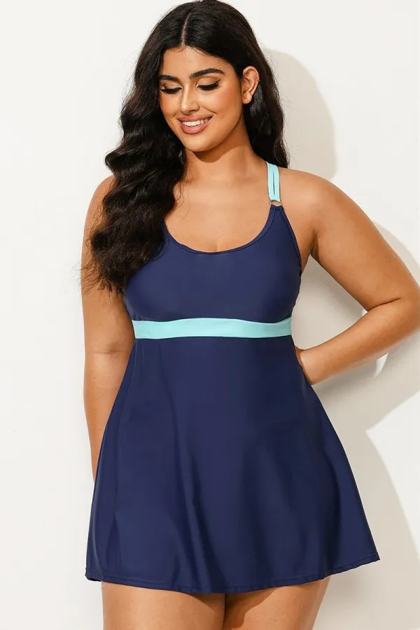 Plus Size Blue Colorblock Crossback Swimdress