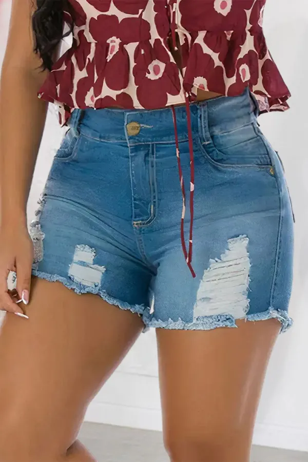 Wash Ripped Raw Hem High Waist Denim Shorts