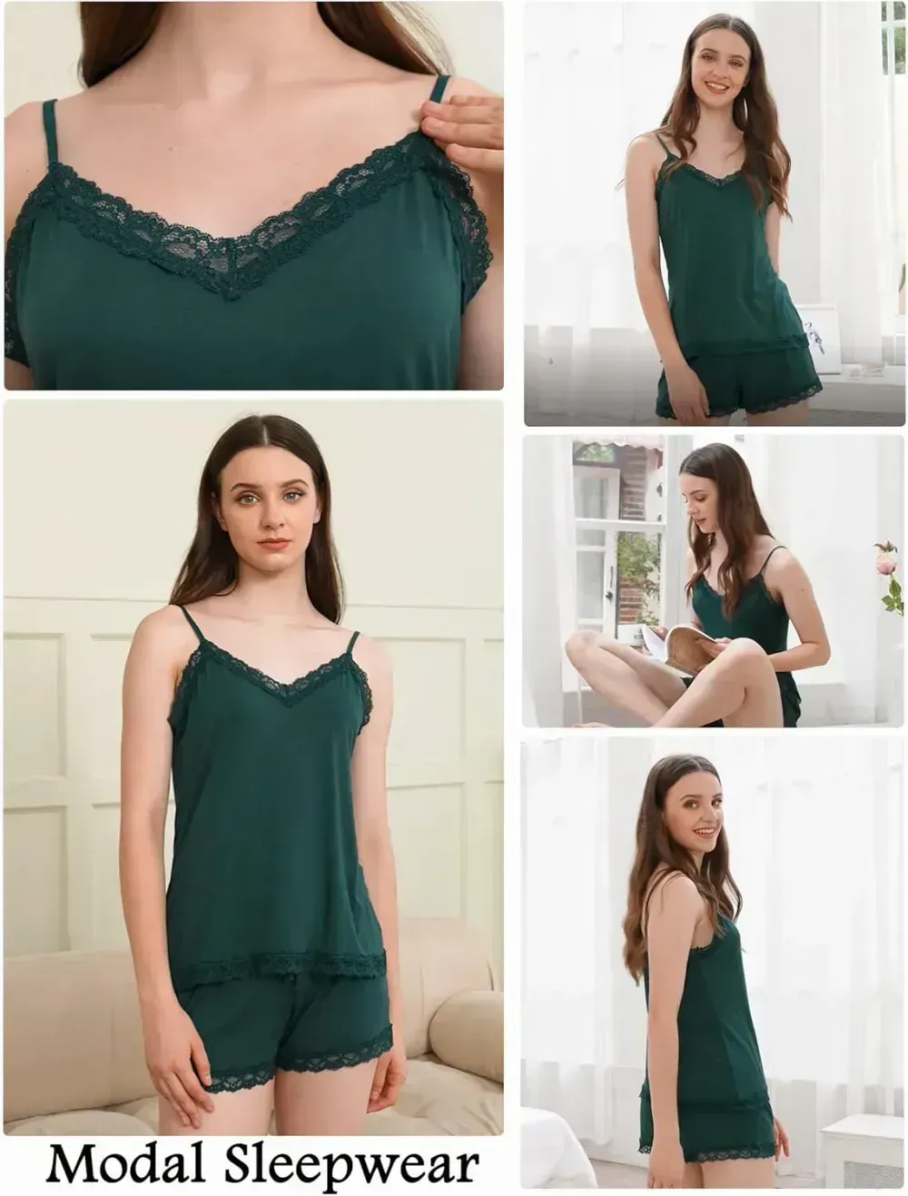 Women Cami Pajama Set Modal Sleepwear Lace Trim Short PJ Set with Shorts
