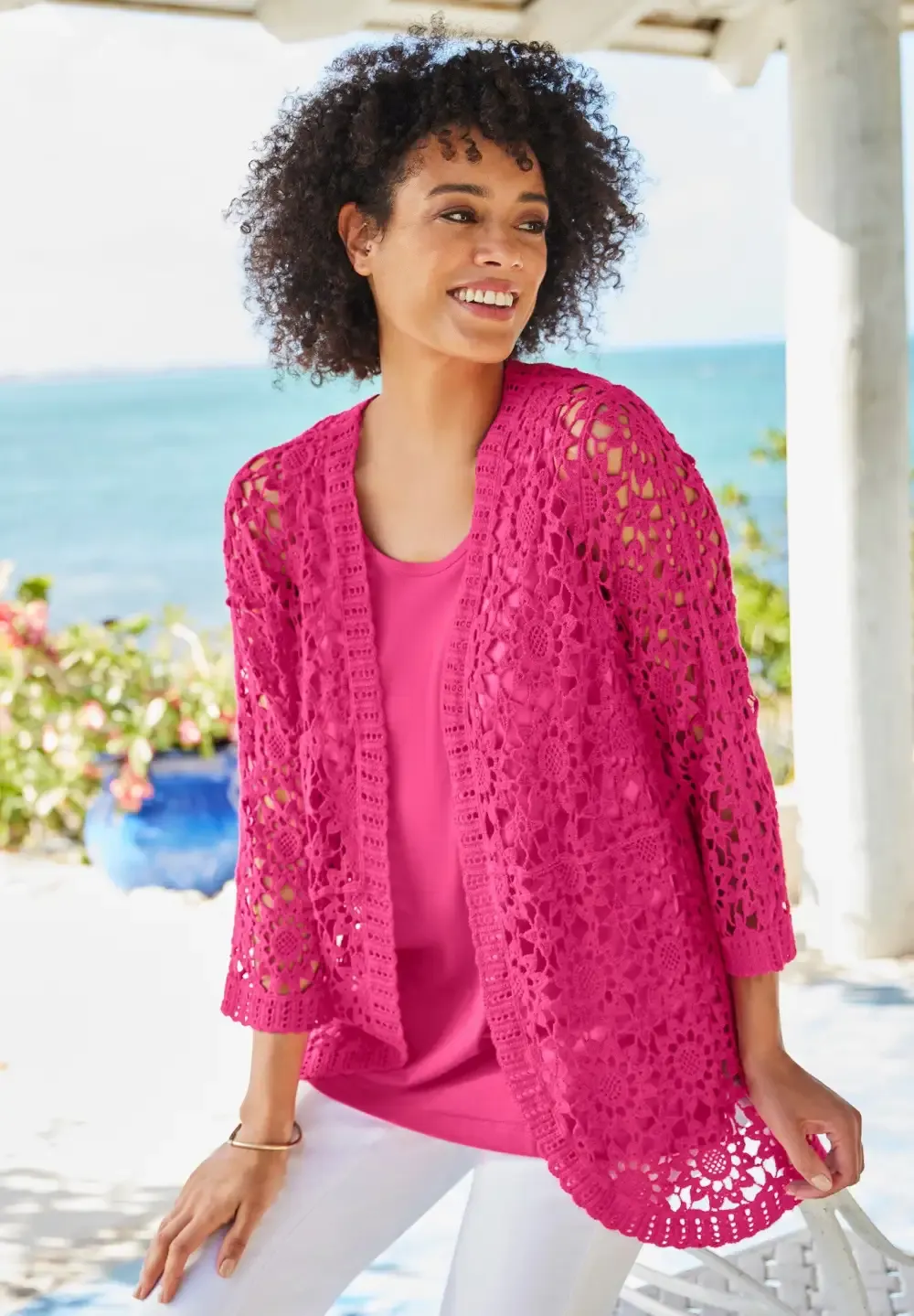 Curved Hem Pointelle Cardigan