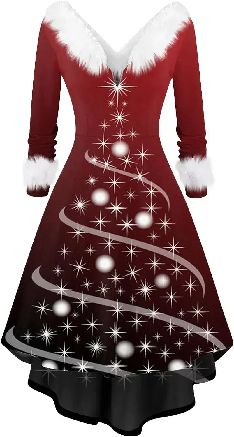 Womens Christmas Dress Fuzzy Mrs Claus Christmas Holiday Xmas Cocktail Holiday Party Flare Dress