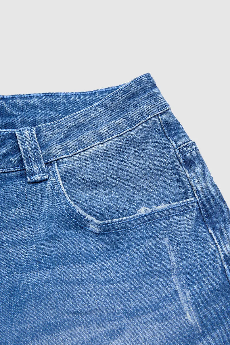 Wash Raw Hem Ripped Mid Waist Straight Leg Denim Bermuda Shorts