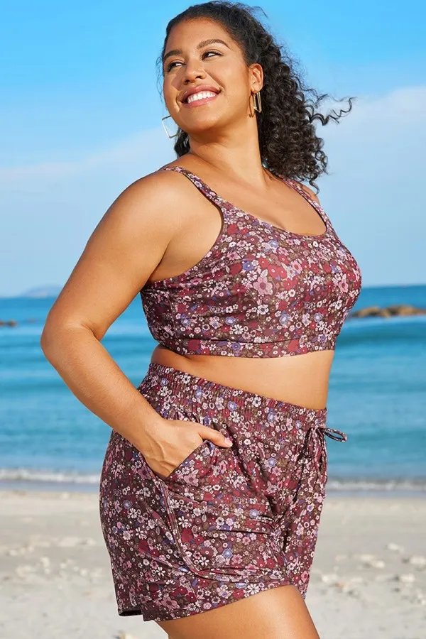 Plus Size Floral Print Square Neck Bikini Top