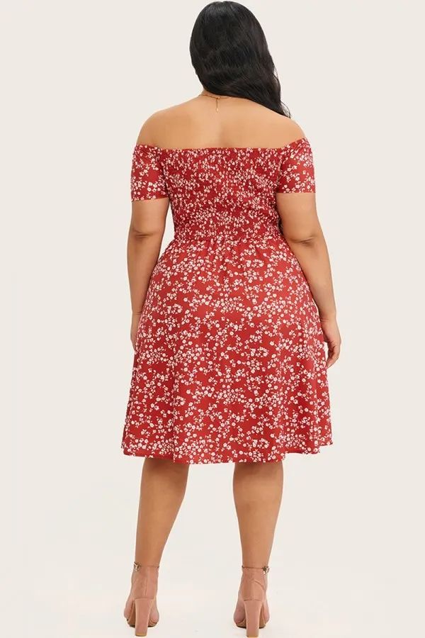 Super Soft Off-Shoulder Raspberry Print Midi Dress