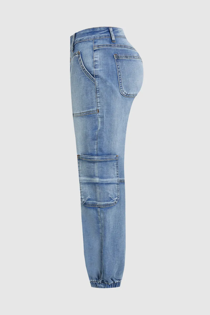 Multi Pocket Button Fly Mid Rise Straight Leg Jeans Without Belt
