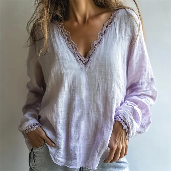 Vintage Boho Gradient Lace Hem Linen Blend Tunic