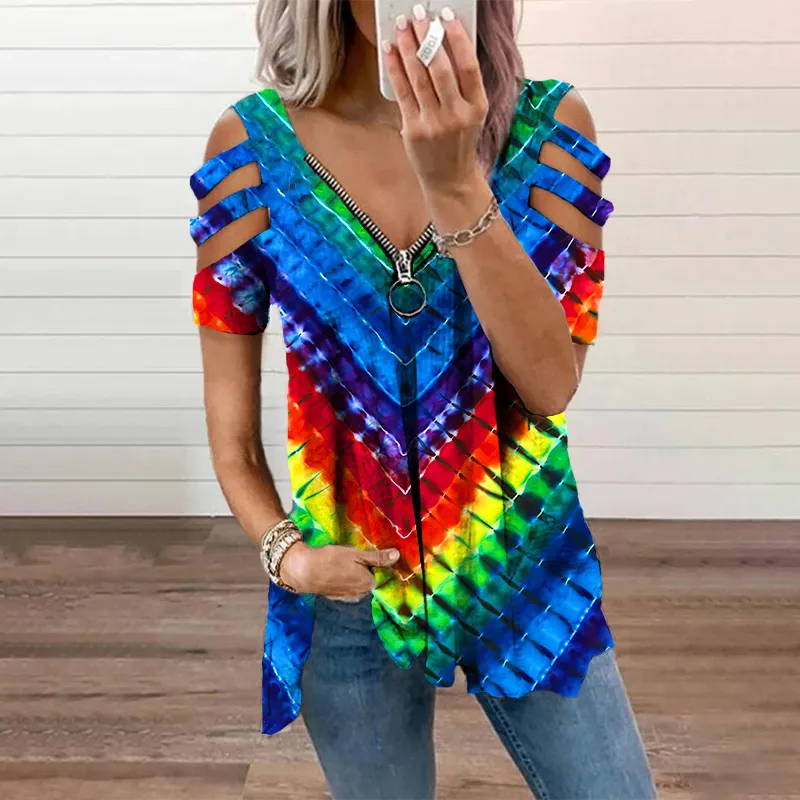 Rainbow striped zipper casual graphic tees