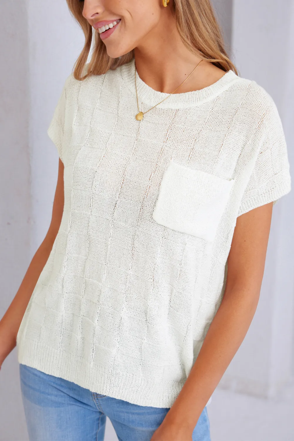 Neutral Round Neck Cap Sleeve Knit Top