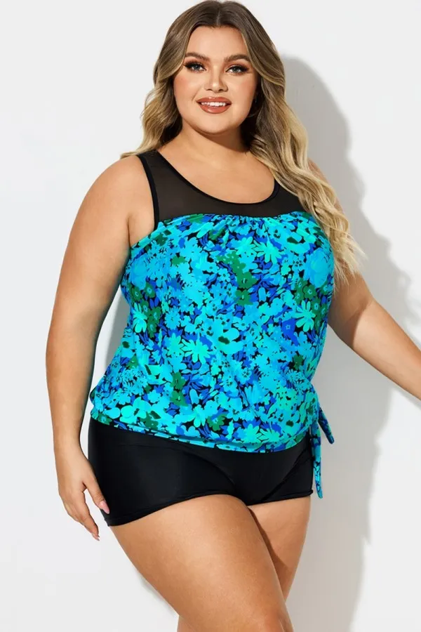 Plus Size Floral Print Mesh Cyan Tankini Top