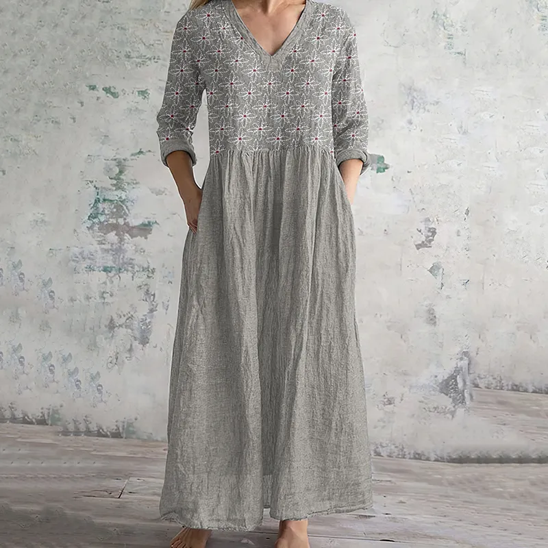Vintage Floral Embroidered Art Women's Linen Dress