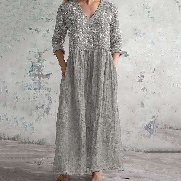 Vintage Floral Embroidered Art Women's Linen Dress