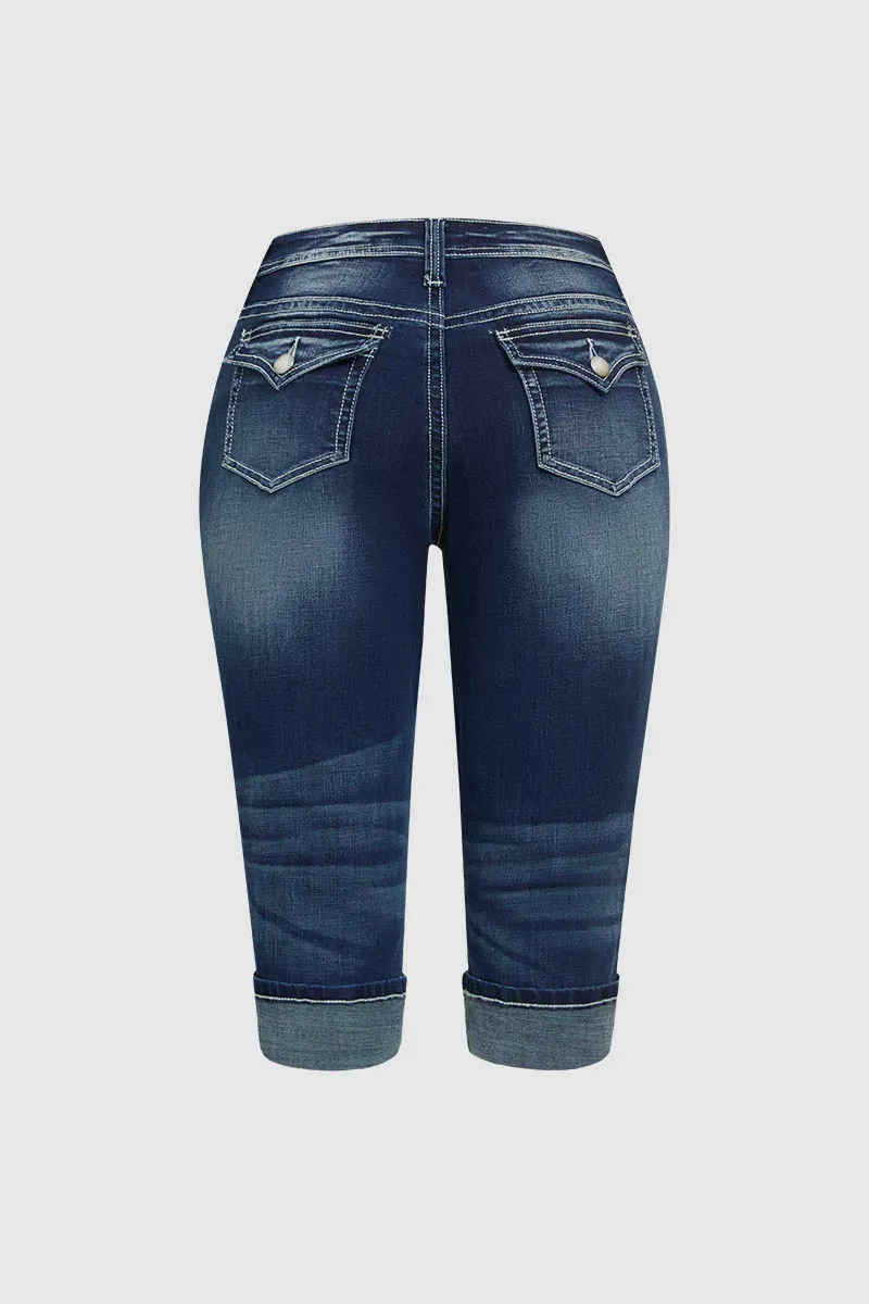 Pocket Detail Roll Hem Mid Waist Capri Jeans
