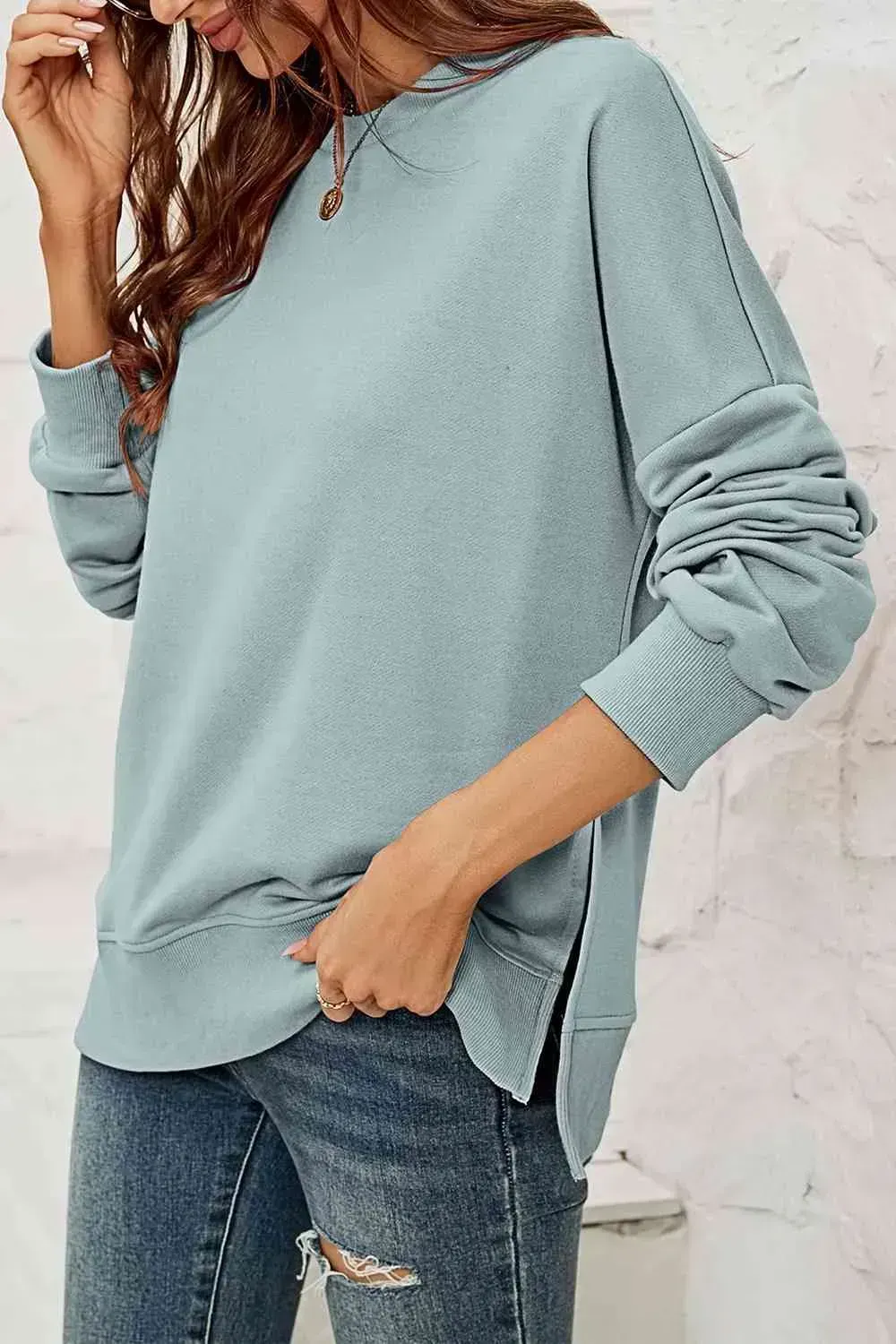 Round Neck  Dropped Shoulder Slit Sweatshirt AC
