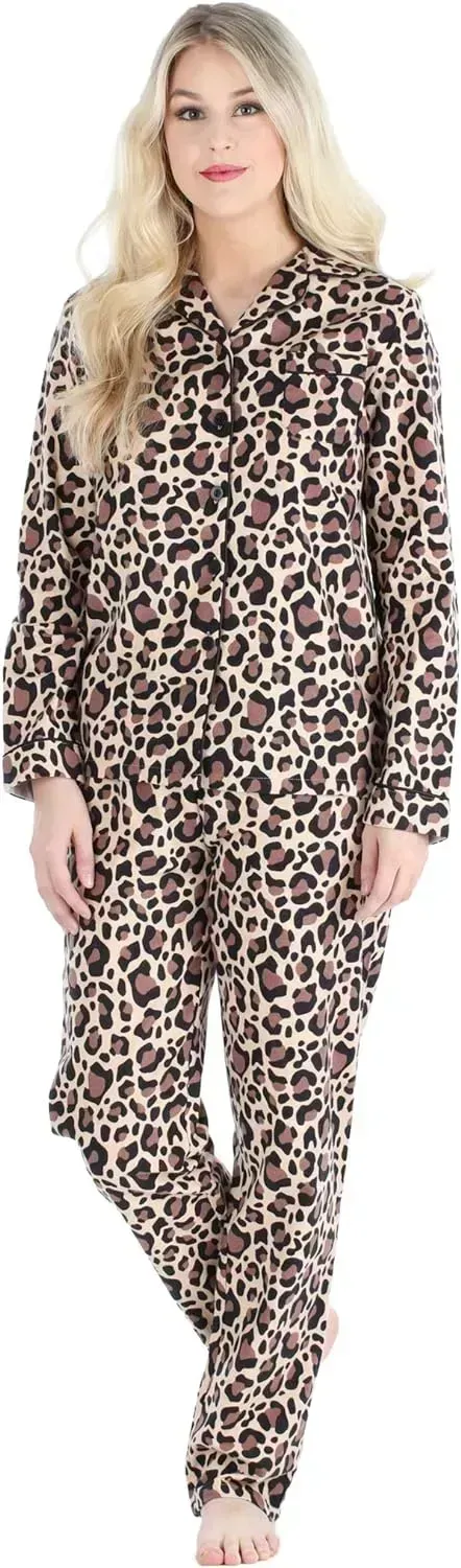 Women's Cotton Flannel Long Sleeve Button-Down Pajamas PJ Set
