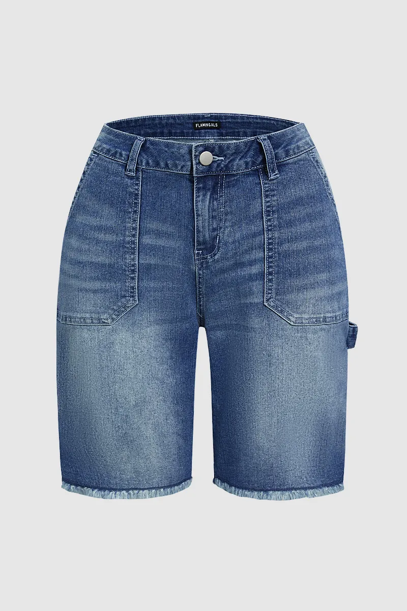 Wash Raw Hem High Waist Denim Bermuda Shorts