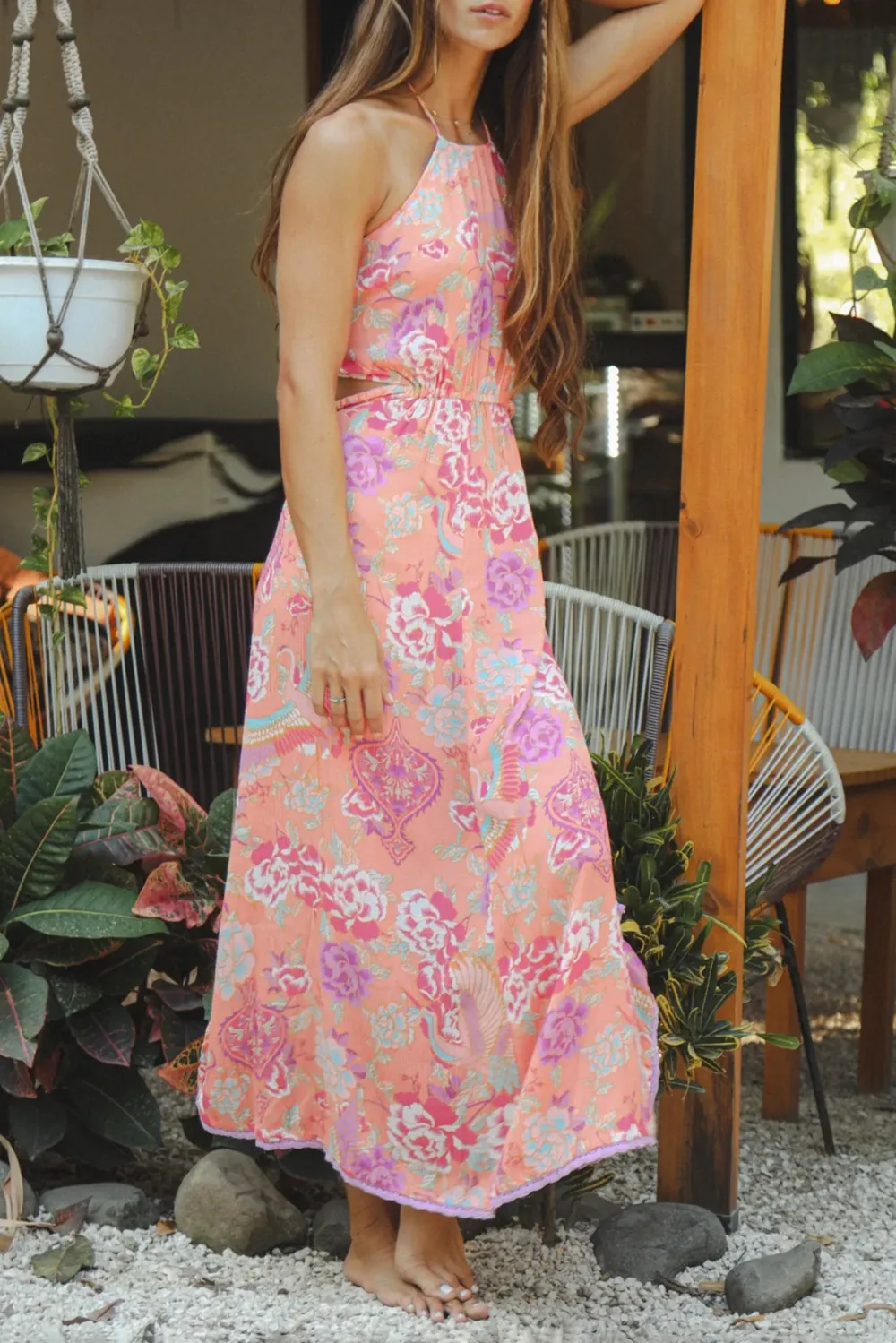 Peach Colored Floral Print Halter Maxi Dress
