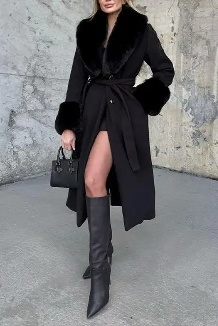 Women's Fashion Warm Fur Lapel Long Woolen Coat