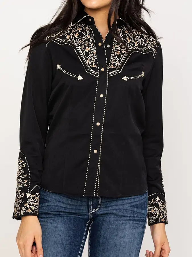 Women's Vintage Western Art Print Casual Linen Shirt