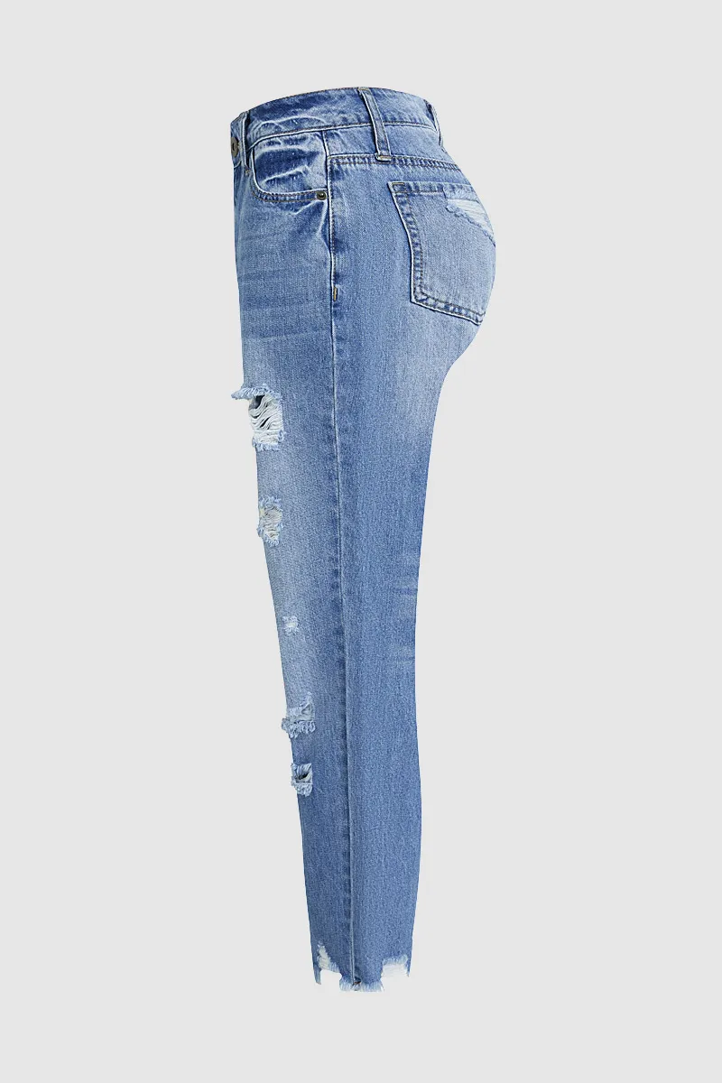 Wash Ripped Raw Hem Mid Rise Crop Jeans
