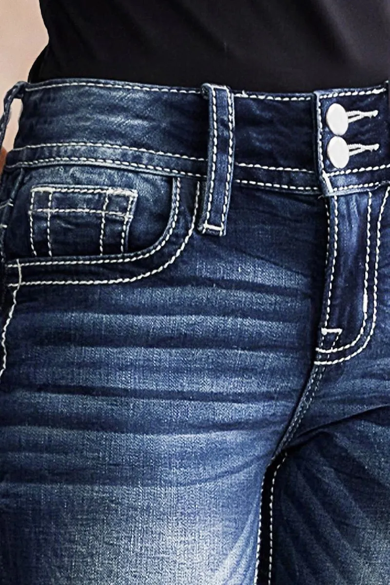 Washed Embroidery Pocket Button Up Mid Rise Skinny Jeans