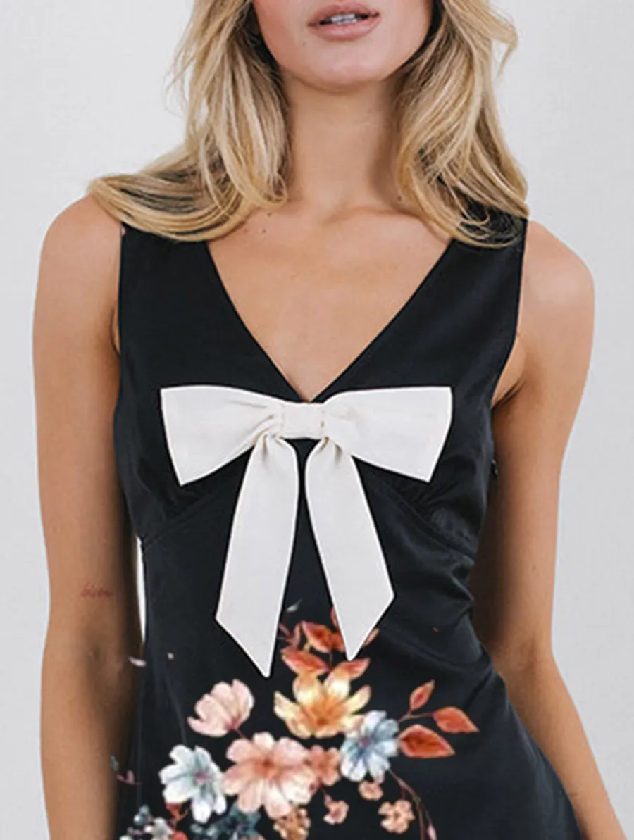 Mini Dress In Satin Black With Ivory Bow