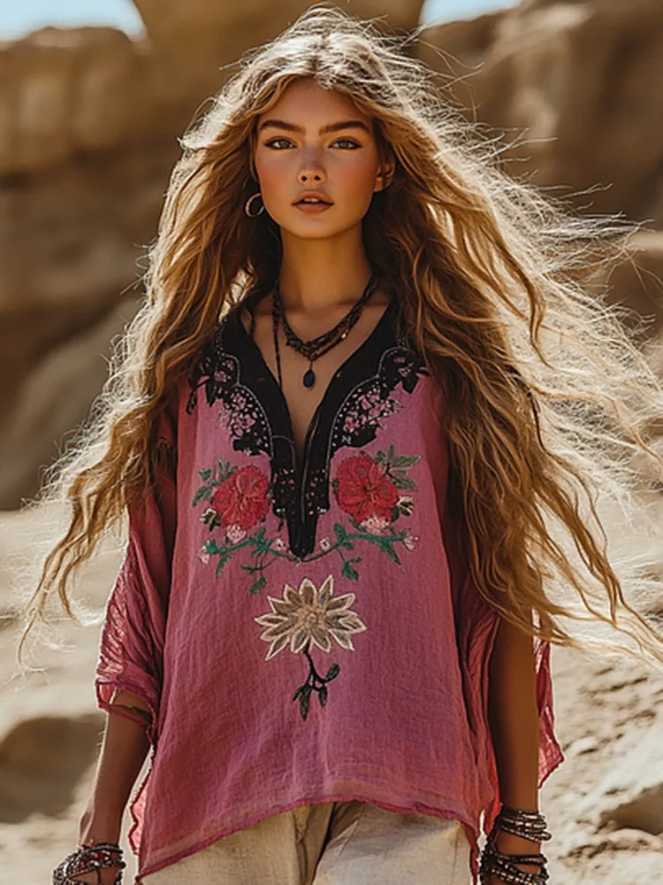 Vintage Boho Floral Embroidery Print Cotton And Linen Blend Loose Blouse