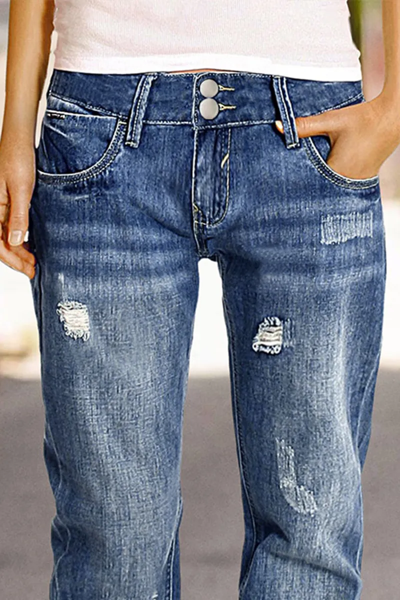 Wash Ripped Double Button Mid Rise Straight Leg Jeans