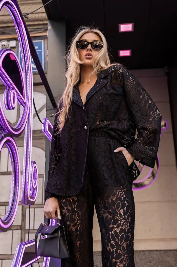 Women'S Fashion Leopard Lace Hollow Casual Top And Pants Two-Piece Set