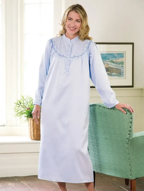 Brushed-Back-Satin Embroidered Nightgown